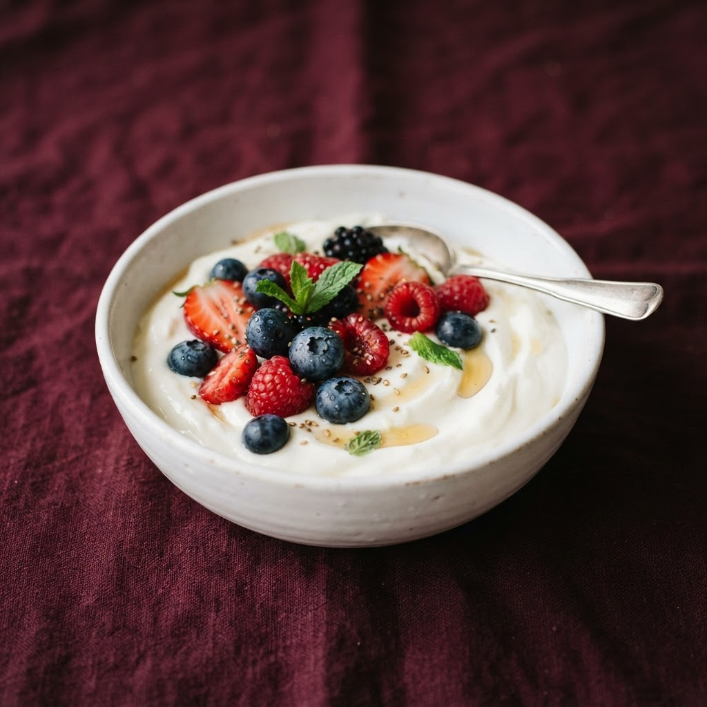 Bowl of yogurt topped with fresh berries