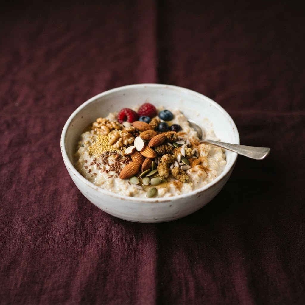 Bowl of porridge topped with nuts