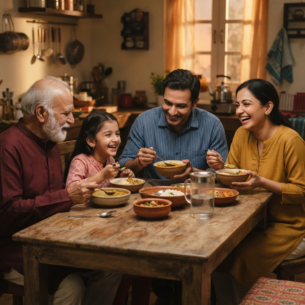 Three generations of a family sharing a warm meal together