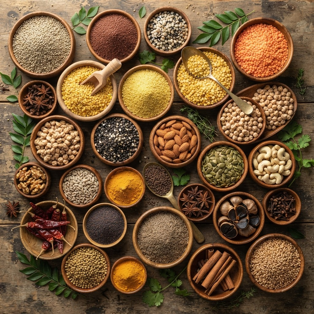 Assortment of natural Indian ingredients, grains, lentils and spices in wooden bowls